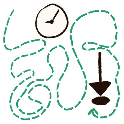  A drawing of a long dotted green line going around in various directions, with an arrow at the end pointing to a black spot with a larger black arrow over top of it. At the top of the image is a drawing of a clock. 